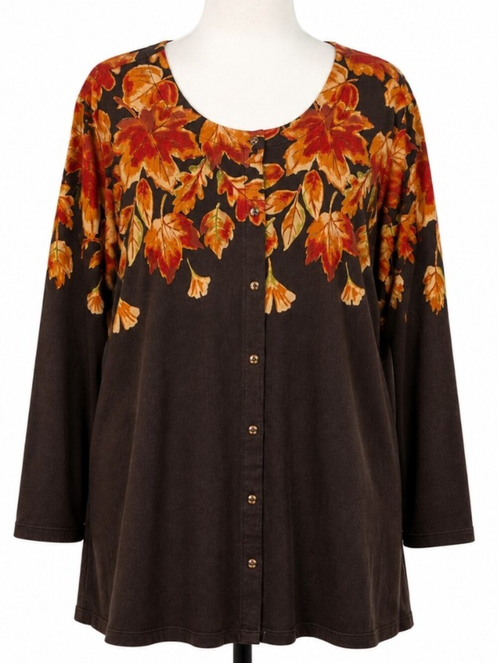 Quacker Factory 5X Fall Leaves Snap Front Tunic Top Autumn Cottagecore New